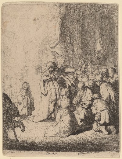 天使と神殿でのプレゼンテーション: 小皿 作： Rembrandt van Rijn