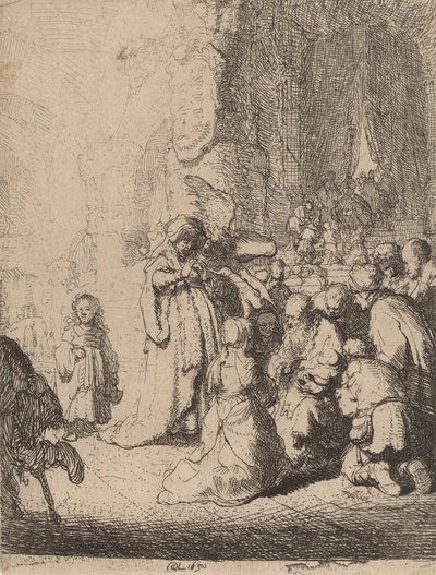 神殿での天使の贈呈：小皿、1630年。 作： Rembrandt van Rijn