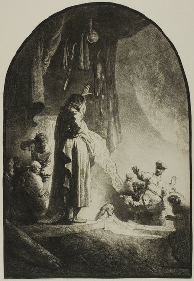 ラザロの復活：より大きなプレート 作： Rembrandt van Rijn