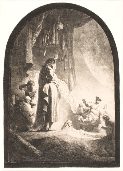 ラザロの復活：より大きなプレート 作： Rembrandt van Rijn
