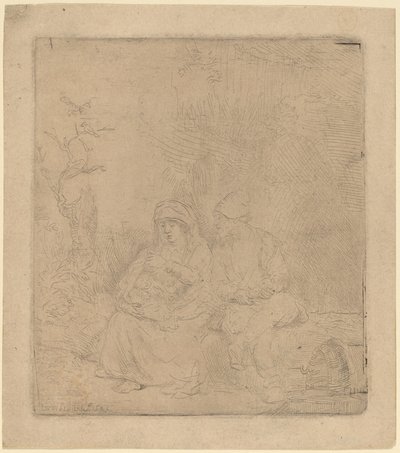 飛行中の休息：軽くエッチング、1645年。 作： Rembrandt van Rijn