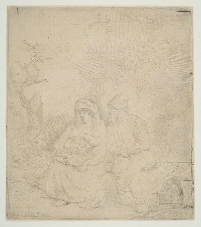エジプトへの逃避行の休息、軽くエッチング、1645 年。 作： Rembrandt van Rijn
