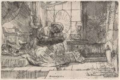聖母子と猫と蛇、1654年。 作： Rembrandt van Rijn
