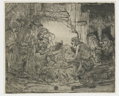 羊飼いの崇拝：ランプとともに 作： Rembrandt van Rijn