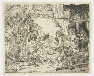 羊飼いの崇拝：ランプとともに 作： Rembrandt van Rijn