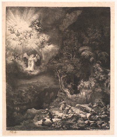 羊飼いたちに現れる天使 作： Rembrandt van Rijn