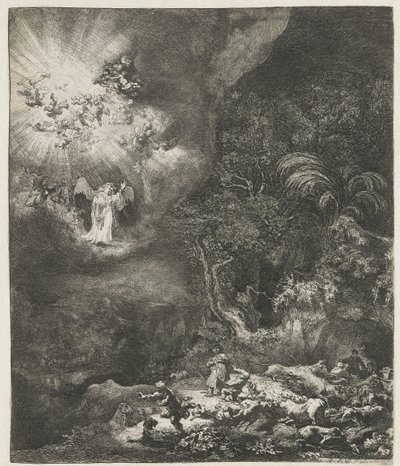 羊飼いたちに現れる天使 作： Rembrandt van Rijn
