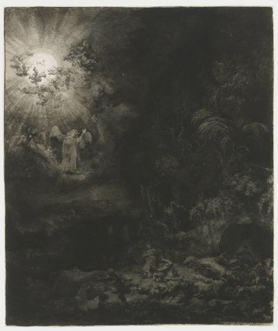 羊飼いたちに現れる天使 作： Rembrandt van Rijn