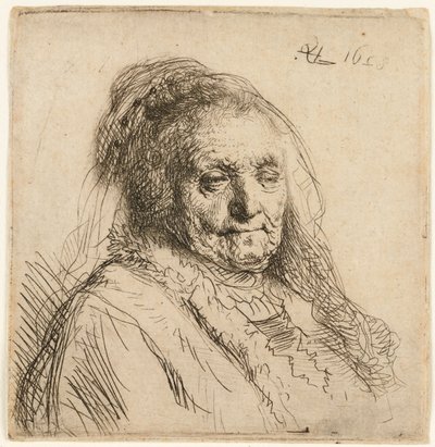 芸術家の母親、頭と胸像、1628 年。 作： Rembrandt van Rijn