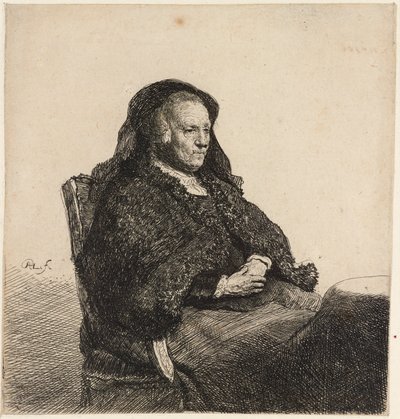 テーブルに座るアーティストの母親、1631 年頃。 作： Rembrandt van Rijn