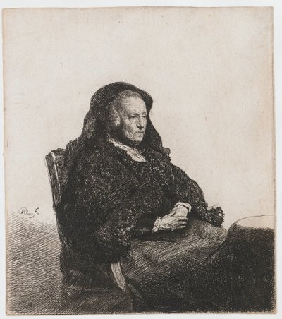 テーブルに座って右を見ているアーティストの母親: 4 分の 3 の長さ 作： Rembrandt van Rijn