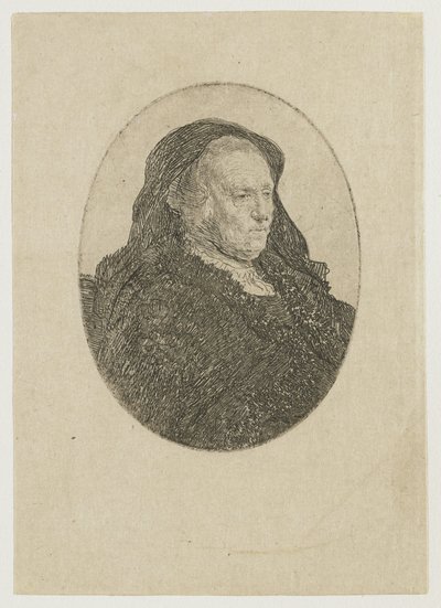 テーブルに座り、右を向いている画家の母親：3/4身像 作： Rembrandt van Rijn