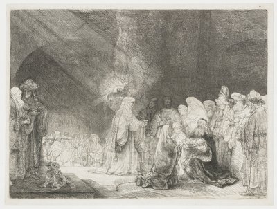 寺院でのプレゼンテーション：横長のプリント 作： Rembrandt van Rijn