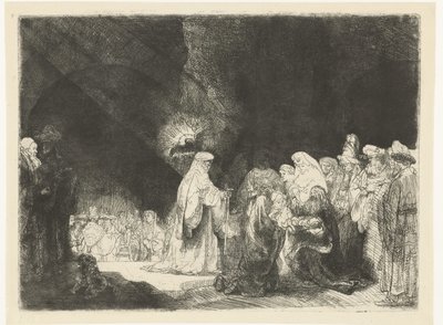 寺院でのプレゼンテーション：横長のプリント 作： Rembrandt van Rijn