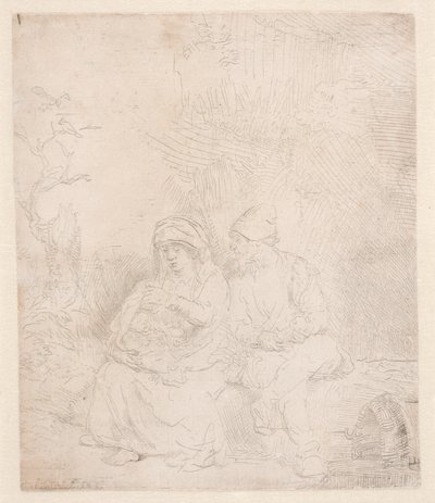 フライト中の残りの部分：かすかに刻印されている 作： Rembrandt van Rijn