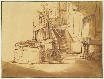 農家の前の井戸（ペンと茶色のインクと茶色の紙のウォッシュ） 作： Rembrandt van Rijn