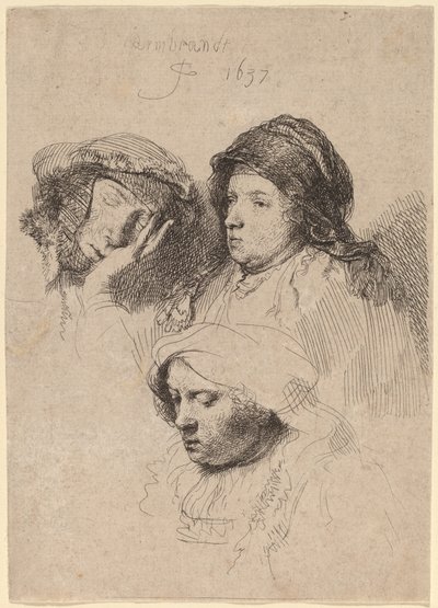 3 つの頭の女性、1 つは眠っている 作： Rembrandt van Rijn