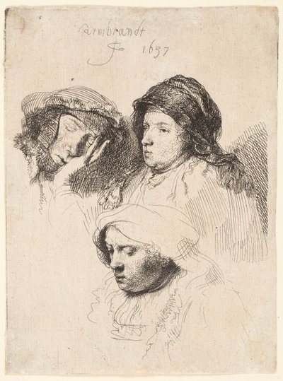 3 つの頭の女性、1 つは眠っている 作： Rembrandt van Rijn
