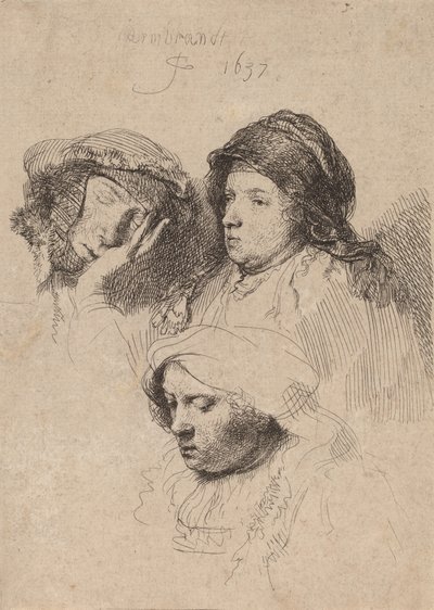女性の 3 つの頭、1 つの眠っている、1637 年。 作： Rembrandt van Rijn