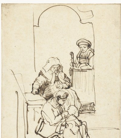 ドアのそばにいる 3 人の女性と 1 人の子供 作： Rembrandt van Rijn