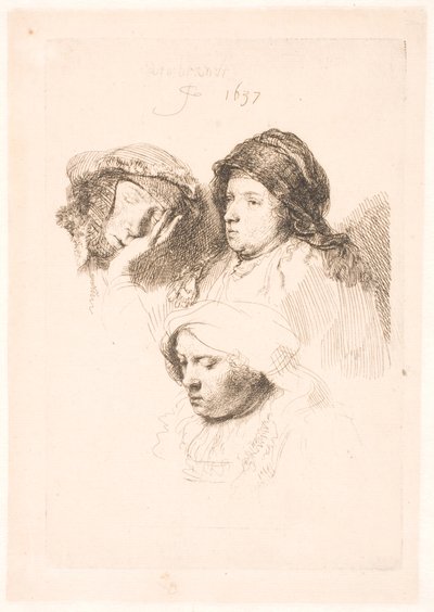 女性の 3 つの頭、1 つは眠っています。 作： Rembrandt van Rijn