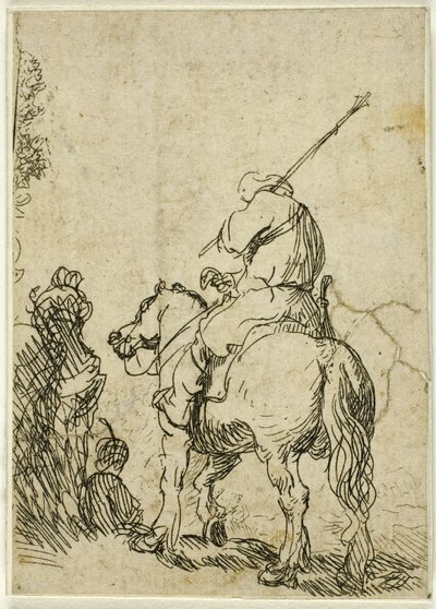 馬に乗ったターバンを巻いた兵士 作： Rembrandt van Rijn