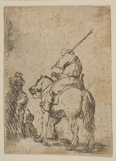 馬に乗ったターバンの兵士、ca。 1629年。 作： Rembrandt van Rijn