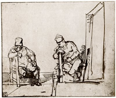 1913年、出入り口に座った2人の男性。 作： Rembrandt van Rijn
