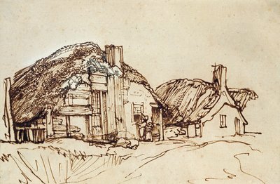 ウィンドウでの数字と2つのわらぶき屋根のコテージ 作： Rembrandt van Rijn