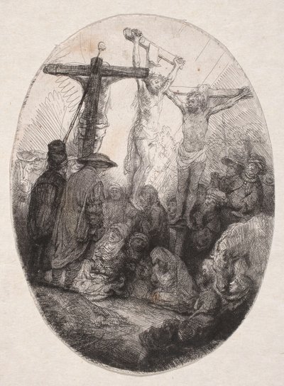 二人の悪党に挟まれての磔刑（楕円形の版画） 作： Rembrandt van Rijn