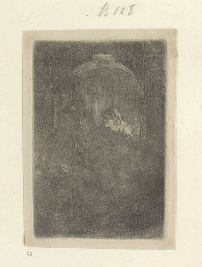 戸口で子供を持つ男性と話している女性 Requeil de quatre-vingt-cinq estampes originales (シリーズタイトル) 作： Rembrandt van Rijn