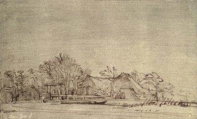 木々の中にコテージがある冬の風景、1650年頃（葦のペンと茶色のインク） 作： Rembrandt van Rijn