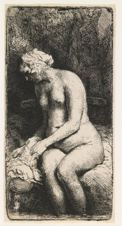 小川で足を洗う女性 作： Rembrandt van Rijn