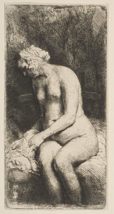 1658年、小川で足を洗う女。 作： Rembrandt van Rijn