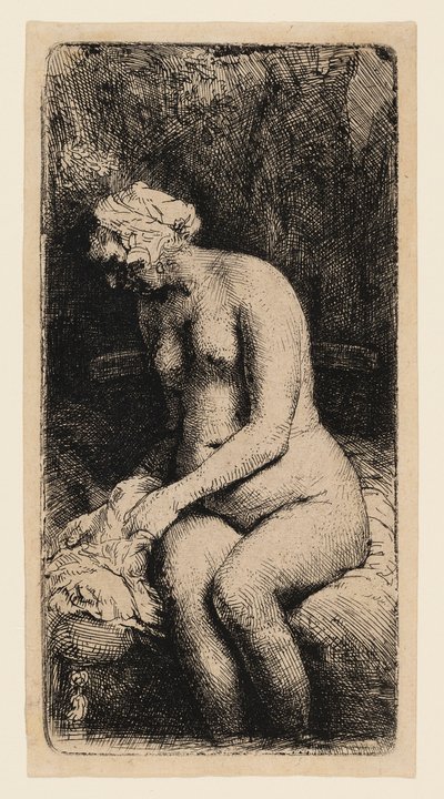 小川で足を洗う女 作： Rembrandt van Rijn