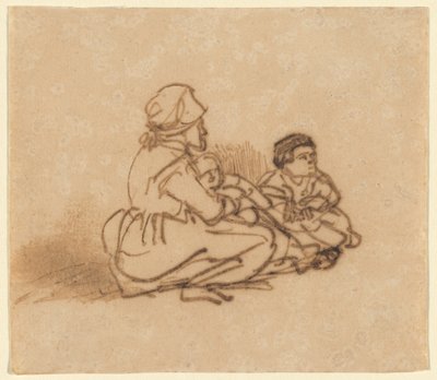 地面に座る女性と 2 人の子供 作： Rembrandt van Rijn