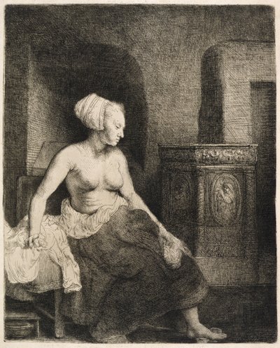 ストーブの横でハーフドレスを着た女性、1658年 作： Rembrandt van Rijn