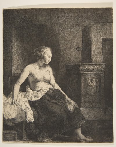 ストーブの横でハーフドレスを着た女性、1658年。 作： Rembrandt van Rijn