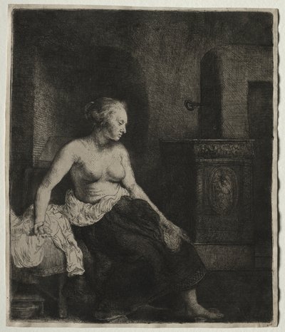 半身裸でストーブのそばに座っている女性 作： Rembrandt van Rijn