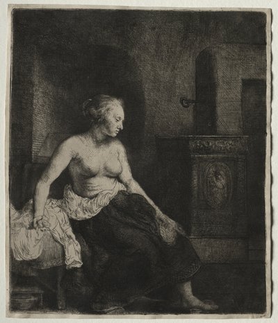 ストーブの横で半分服を着た女性、1658年。 作： Rembrandt van Rijn