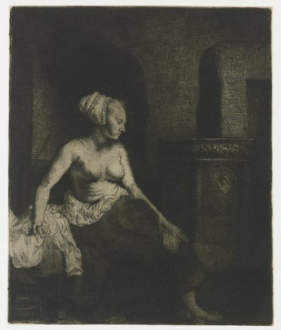 ストーブの横に半身裸で座っている女性 半身裸でストーブのそばに座っている女性 作： Rembrandt van Rijn