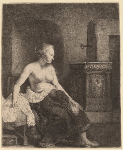 ストーブの横に半身裸で座っている女性 作： Rembrandt van Rijn