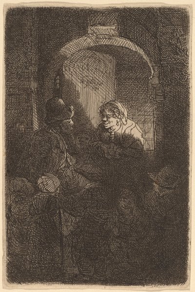 男性と子供たちに話しかけるドア ハッチの女性 (校長) 作： Rembrandt van Rijn