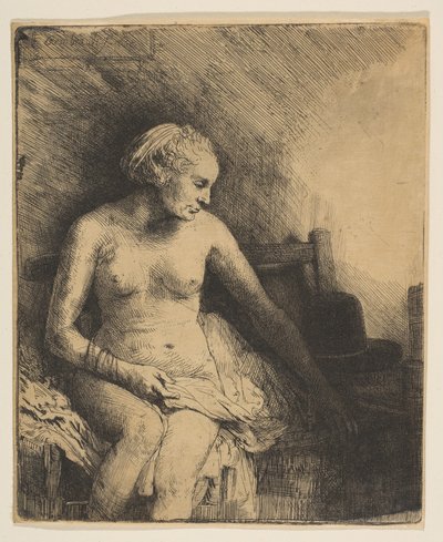彼女のそばに帽子をかぶったお風呂の女、1658年。 作： Rembrandt van Rijn