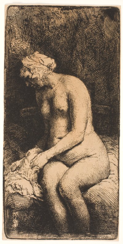 小川で足を水浴びする女性 作： Rembrandt van Rijn