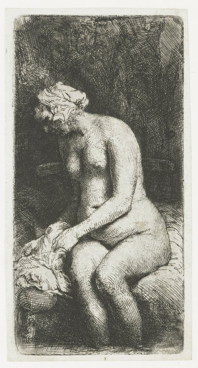 小川で足を水浴びする女性 作： Rembrandt van Rijn