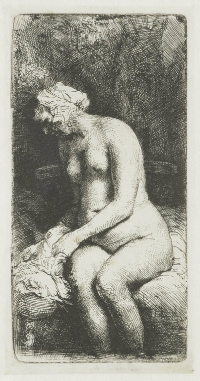 小川で足を水浴びする女性 作： Rembrandt van Rijn