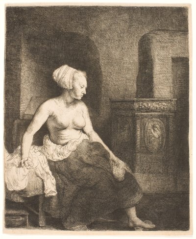 半身裸でストーブのそばに座っている女性 作： Rembrandt van Rijn