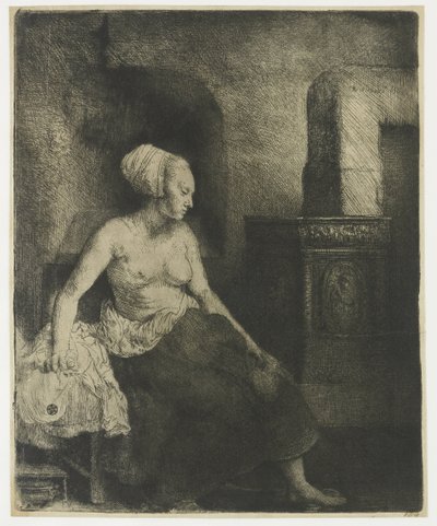 半身裸でストーブのそばに座っている女性 作： Rembrandt van Rijn