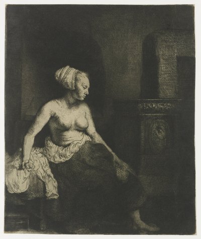 半身裸でストーブのそばに座っている女性 作： Rembrandt van Rijn